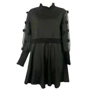 Black Long-Sleeve Dotted Mesh Knit A-Line Mini Dress LARGE